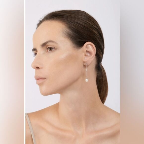 NEW 🌺COQUETTE-GIRL🌺 Swarovski Crystal & 7mm Freshwater Pearl Drop Chain Earrings - Picture 2 of 4